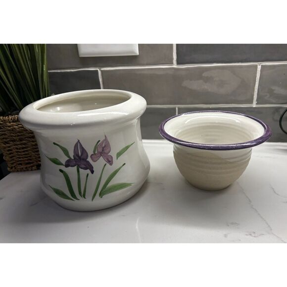 VINTAGE Contemporary Pottery Dip Chiller/Warmer Irises 3 pcs With XL Chip Tray - Picture 5 of 12